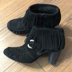 BORN Suede Fringe Moccasin Booties with buckle